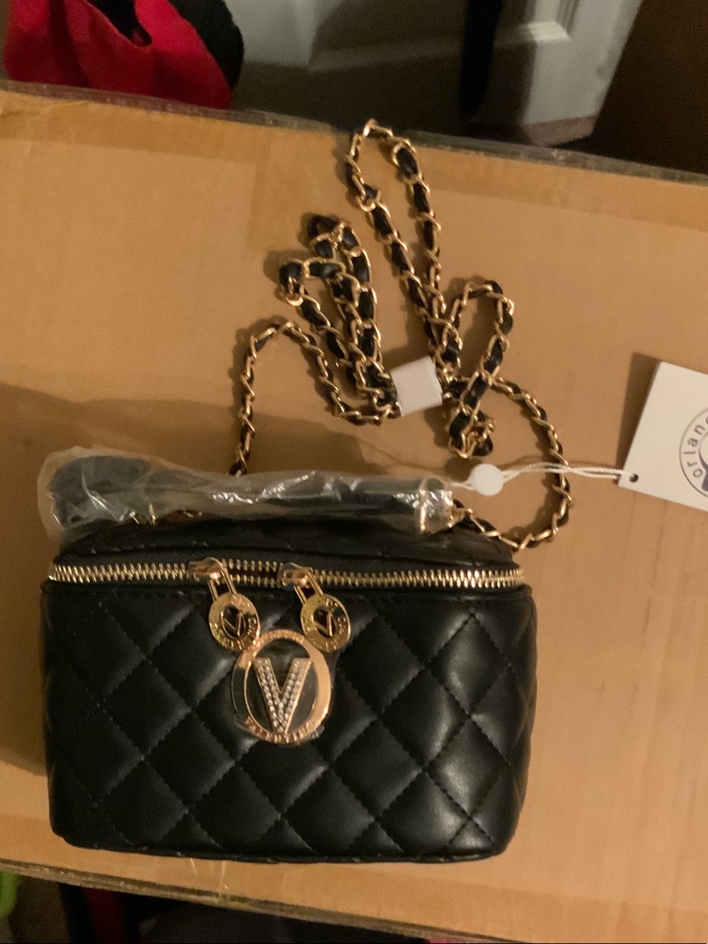 Valentino Orlandi Black Quilted Crossbody with Gold Chain